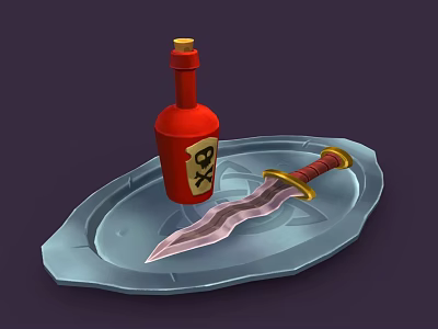 Ornate Decorative Sword Placed on Transparent Tray with Red Wine Bottle 3d model