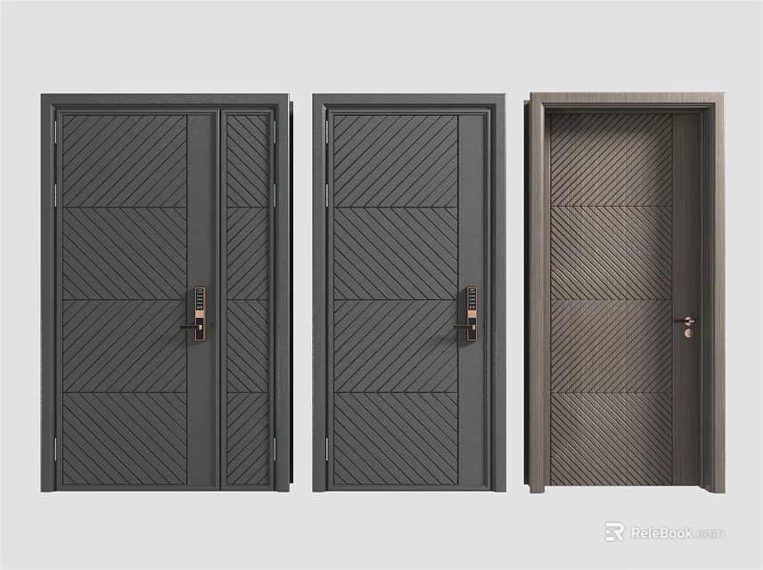 Modern Security Doors With Herringbone Pattern And Brushed Brass Handles In Various Styles 3d model 