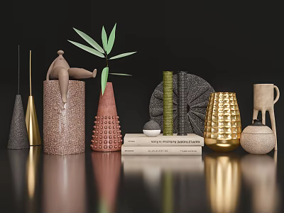 Modern Decorative Ornament Collection With Green Leaves Gold Gray Woven Texture Sculpture And Stacked Books 3d model