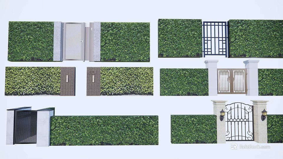 Stylish Entrance Gates With Green Hedges And Metal Wooden Wrought Iron Designs 3d model 