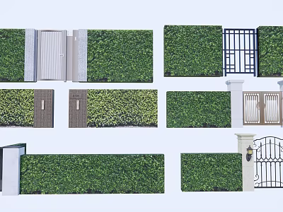 Stylish Entrance Gates With Green Hedges And Metal Wooden Wrought Iron Designs 3d model