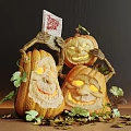 Halloween Pumpkin Decorative Ornament Set With Smiling Faces Lit Design And Vines Leaves Decoration