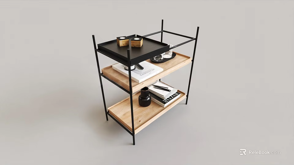 Modern Three Tier Storage Shelf with Black Metal Frame Wooden Tiers and Tray Mugs Books 3d model 
