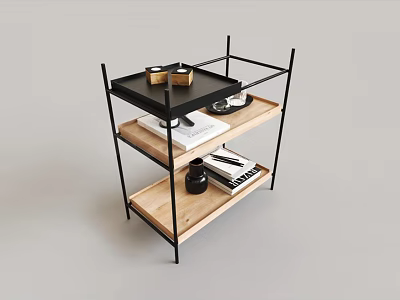 Modern Three Tier Storage Shelf with Black Metal Frame Wooden Tiers and Tray Mugs Books 3d model