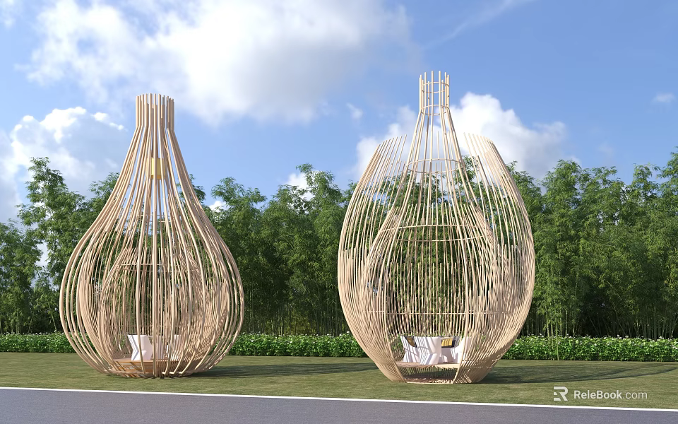 Unique Wooden Vase Shaped Outdoor Seating Pavilions In Green Garden Landscape 3d model 