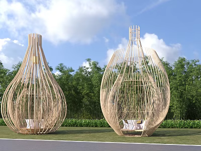 Unique Wooden Vase Shaped Outdoor Seating Pavilions In Green Garden Landscape 3d model