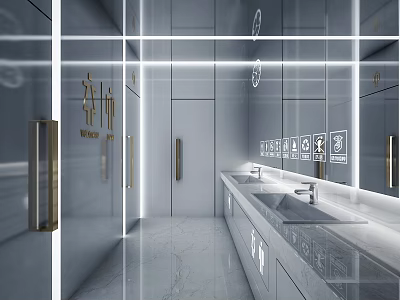 Modern Public Restroom Interior with Mirrors Marble Sinks LED Lighting and Signs 3d model