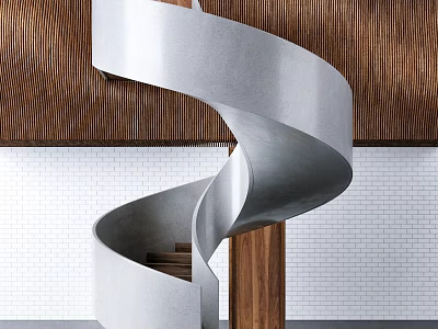 Modern Spiral Staircase with Concrete Construction and Wooden Details in Modern Interior Against White Brick Wall 3d model