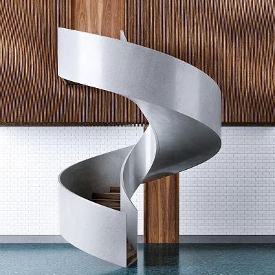 Modern Spiral Staircase with Concrete Construction and Wooden Details in Modern Interior Against White Brick Wall 3d model