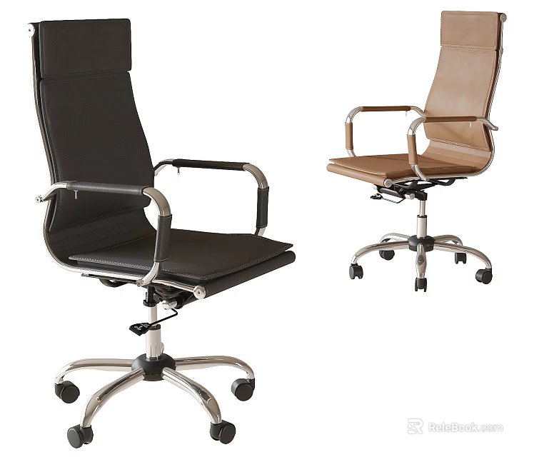 Leather Office Chairs in Black and Brown with Metal Armrests and Swivel Wheels 3d model 