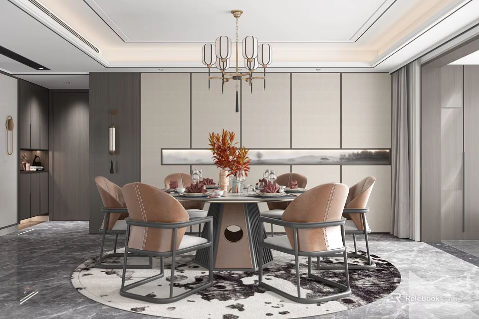 Elegant Modern Restaurant Interior With Round Dining Table Chairs And Pendant Light 3d model