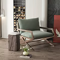 Modern Light Green Lounge Chair With Wooden Frame And Matching Stool Near Potted Plant
