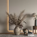 Beige And Dark Vases With Dried Grasses On Light Colored Wall Background With Light Strip