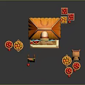 Wooden Fruit Stand with Orange Roof Awning and Baskets of Fresh Apples Oranges