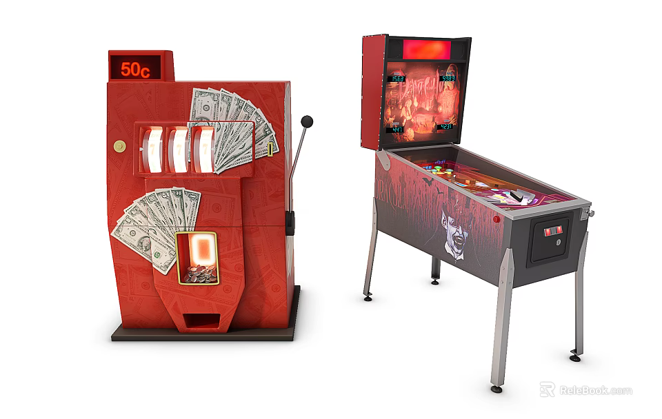 Classic Red Slot Machine and Pinball Machine Entertainment Appliances with Coin Operated Cash Payout 3d model 