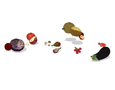 Fresh Tropical And Temperate Fruits Display With Durian Apple Mangosteen And Rambutan 3d model