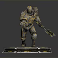 Humanoid Warrior Character in Gold and Silver Armor Holding Weapon Standing on Hexagonal Platform 3d model