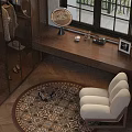 Stylish Round Rug on Herringbone Wooden Floor with Cream Armchair and Wooden Bench by Window