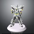 Winged Mechanical Creature Character With White Armor And Yellow Red Accents Standing On Display Base