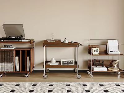 Modern Wooden and Metal Side Tables with Wheels for Living Room Storage and 3d model