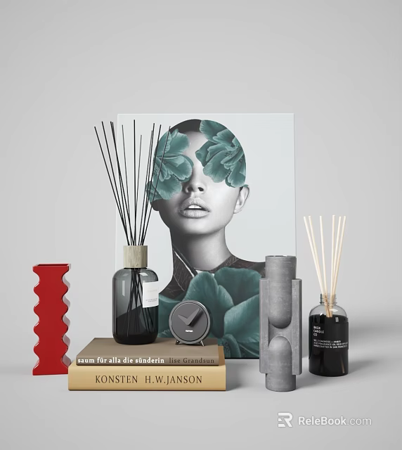 Elegant Ornament Set With Green Leaf Portrait Aromatic Diffusers Geometric Decor Red Vase And Books 3d model 