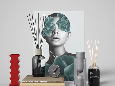 Elegant Ornament Set With Green Leaf Portrait Aromatic Diffusers Geometric Decor Red Vase And Books 3d model