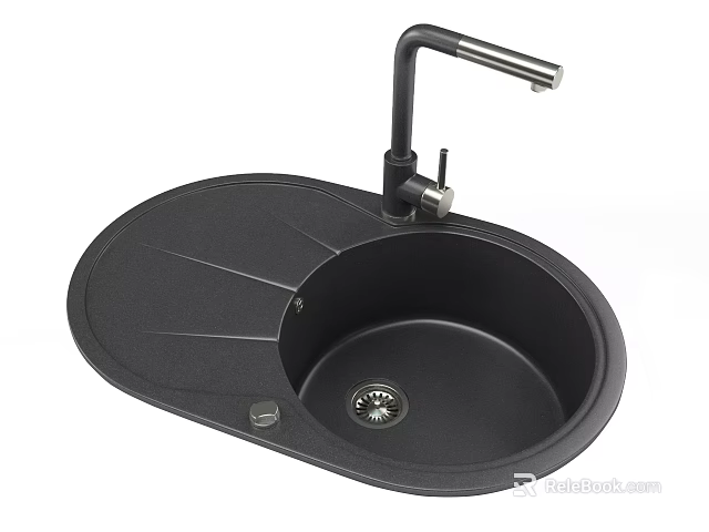 Black Oval Shaped Single Bowl Kitchen Sink With Black Faucet And Drainer Platform 3d model 