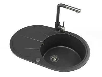 Black Oval Shaped Single Bowl Kitchen Sink With Black Faucet And Drainer Platform 3d model