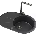 Black Oval Shaped Single Bowl Kitchen Sink With Black Faucet And Drainer Platform