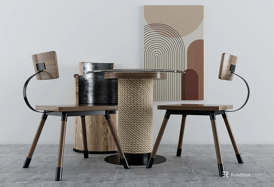 Modern Dining Table Set with Two Wooden Chairs and Abstract Wall Art Design 3d model 