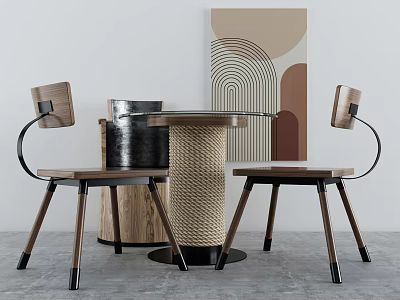 Modern Dining Table Set with Two Wooden Chairs and Abstract Wall Art Design 3d model
