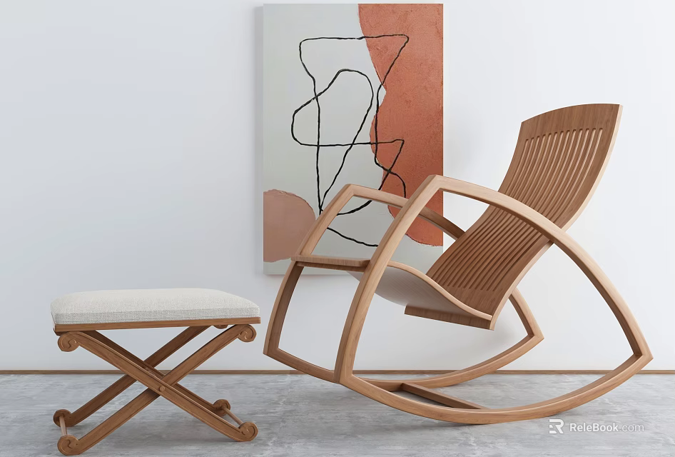 Modern Minimalist Wooden Rocking Chair with Footstool and Abstract Painting 3d model 
