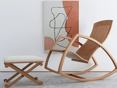 Modern Minimalist Wooden Rocking Chair with Footstool and Abstract Painting 3d model