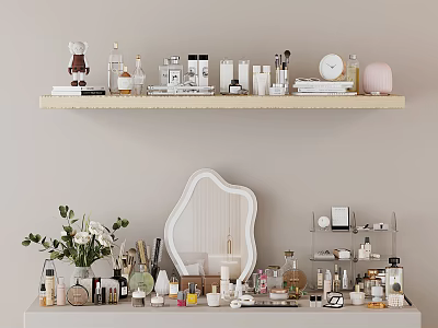 Stylish Perfume And Cosmetics Display With Shelf Mirror And Various Decorative Bottles 3d model