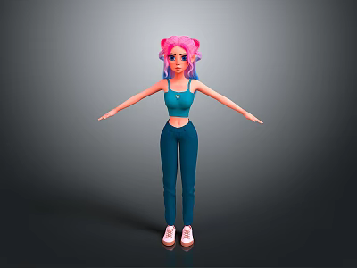 Woman with pink hair and blue sportswear in white sneakers arms outstretched 3D character 3d model