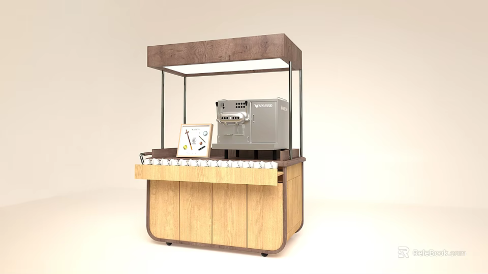 Modern Coffee Bar Setup With Wooden Counter Glass Display And Espresso Machine 3d model 