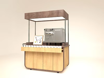 Modern Coffee Bar Setup With Wooden Counter Glass Display And Espresso Machine 3d model
