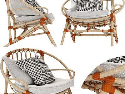Rattan Leisure Chair With Gray Cushion Orange Straps And Black White Checkered Pillow 3d model