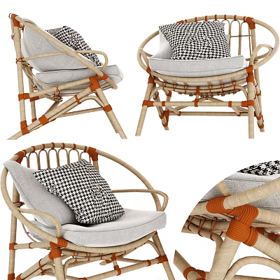 Rattan Leisure Chair With Gray Cushion Orange Straps And Black White Checkered Pillow 3d model