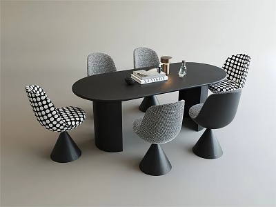 Modern Black Oval Dining Table Set With Checkered Gray Chairs And Conical Bases 3d model