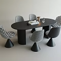 Modern Black Oval Dining Table Set With Checkered Gray Chairs And Conical Bases 3d model