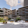 Modern Commercial Street With High Rise Buildings Open Plaza And Greenery