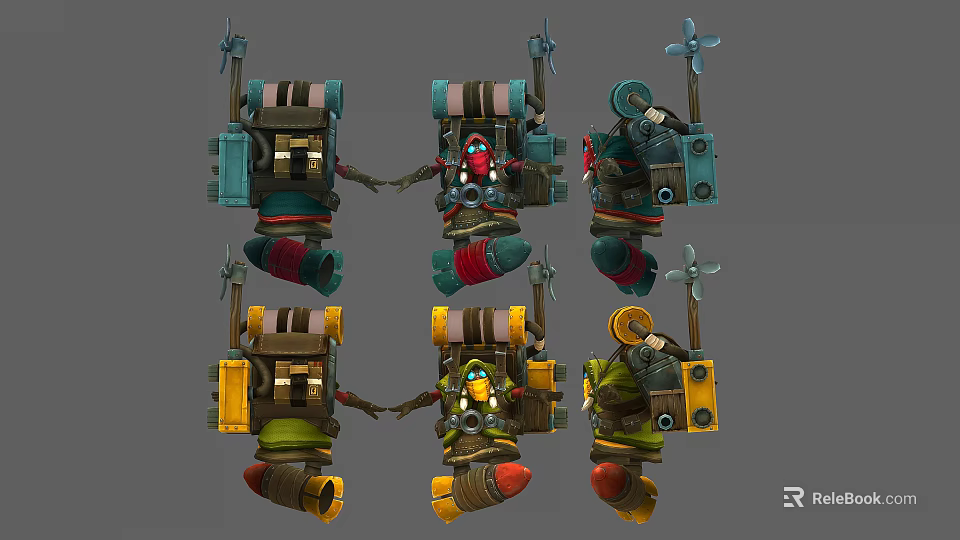Group of Robot Characters With Mechanical Arms And Colorful Gear Designs 3d model 