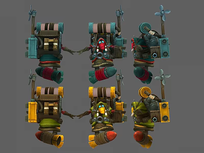 Group of Robot Characters With Mechanical Arms And Colorful Gear Designs 3d model