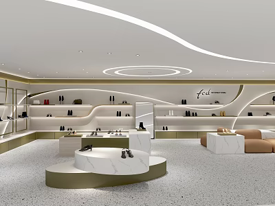 Modern Shoe Store Interior In Shopping Mall With Curved Shelves Marble Counters And Soft Lighting 3d model