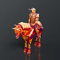 Man In Shining Armor Riding Mythical Unicorn Horse With Flame Patterns