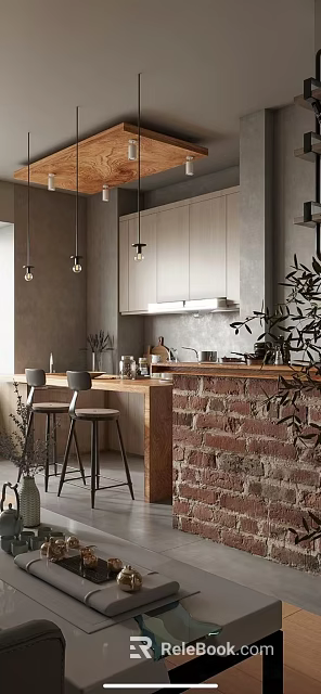 Modern Industrial Dining Kitchen Interior With Brick Wall Wooden Counter And Pendant Lights 3d model 