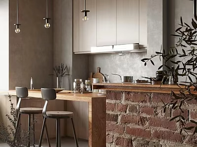 Modern Industrial Dining Kitchen Interior With Brick Wall Wooden Counter And Pendant Lights 3d model
