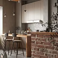 Modern Industrial Dining Kitchen Interior With Brick Wall Wooden Counter And Pendant Lights