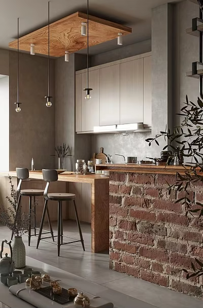 Modern Industrial Dining Kitchen Interior With Brick Wall Wooden Counter And Pendant Lights 3d model